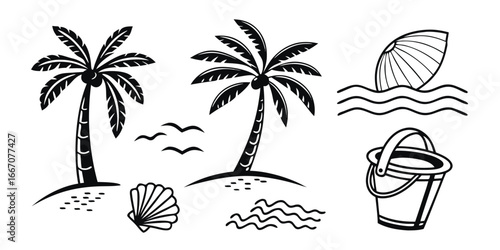 Tropical Beach Scene with Palm Trees and Seashells