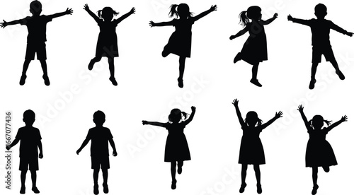 Vector silhouette illustration of happy children jumping and playing, energetic kids in motion, joyful childhood activity poses, isolated on white background