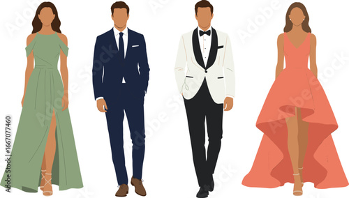 Elegant fashion couple illustration, formal evening wear, men in tuxedos and women in gowns, stylish people vector for fashion and event design