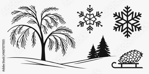 Winter Scene Elements: Tree, Snowflakes, Trees, Sled