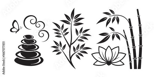 Zen Garden Elements: Butterfly, Stones, Bamboo, Lotus Flower