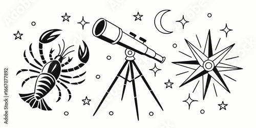 Zodiac Cancer, Telescope, Moon, Stars, and Compass Rose
