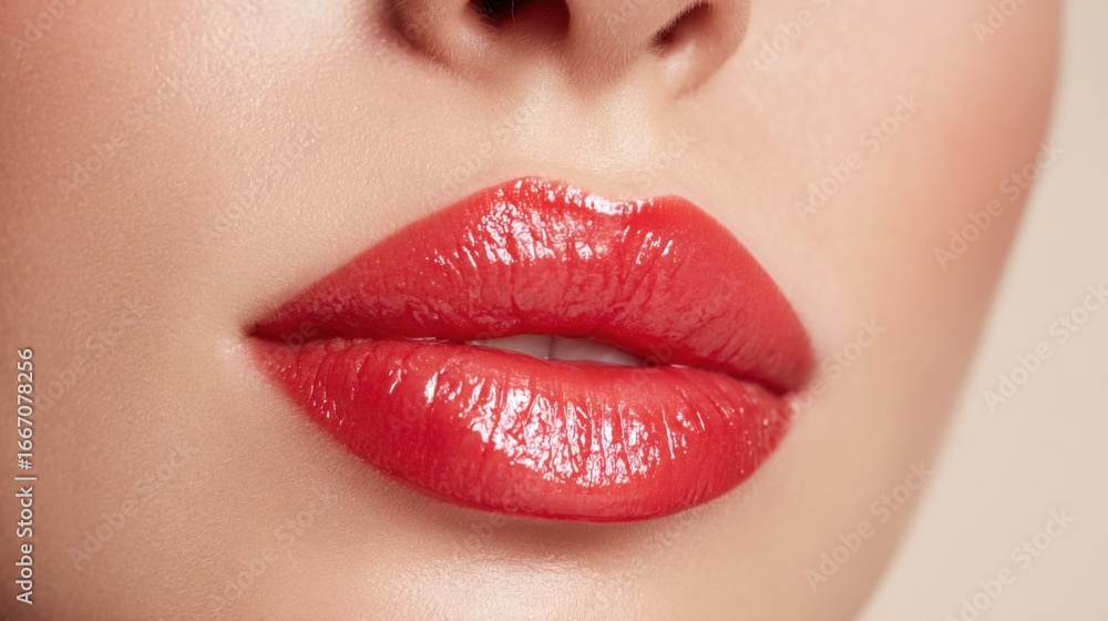 Fototapeta premium Vivid red lips are highlighted with glossy lipstick on a neutral background. The focus is on the texture and shine, creating an alluring and bold visual impact.
