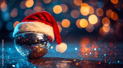 Festive disco ball wearing a santa hat brings holiday cheer to an exciting christmas rave party