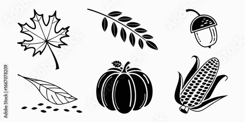 Autumn Harvest Icons: Maple Leaf, Acorn, Pumpkin, Corn