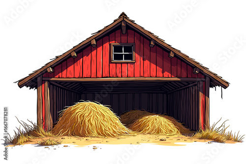 Barn with hay bales in a rustic style, agricultural building on white background