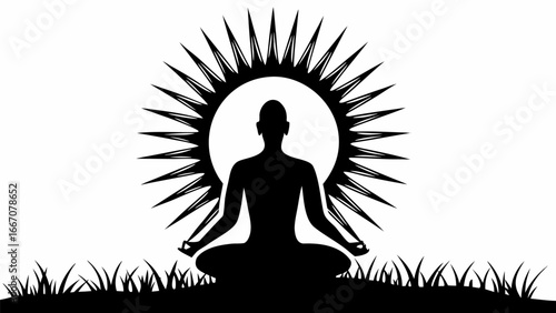 Silhouette of a person meditating with a sunburst behind them sitting on grass in black and white |  editable eps vectors