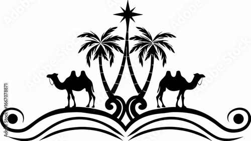 Silhouette of two camels under palm trees with a star above on a decorative base design element |  editable eps vectors