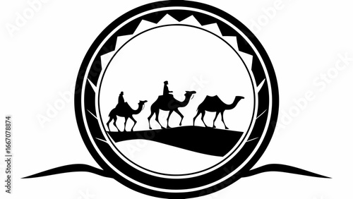 Silhouette of three camels with riders in a circle frame with a decorative border on a desert landscape |  editable eps vectors