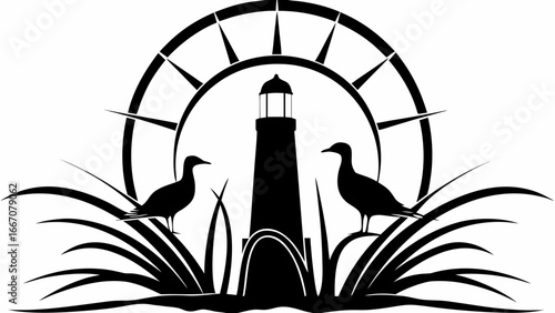 Silhouette of lighthouse with birds and grass under a semi circular compass design element vector |  editable eps vectors
