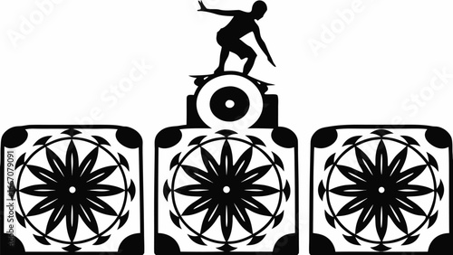 Silhouette of a surfer on a skateboard above three floral patterned square shapes in black and white color |  editable eps vectors