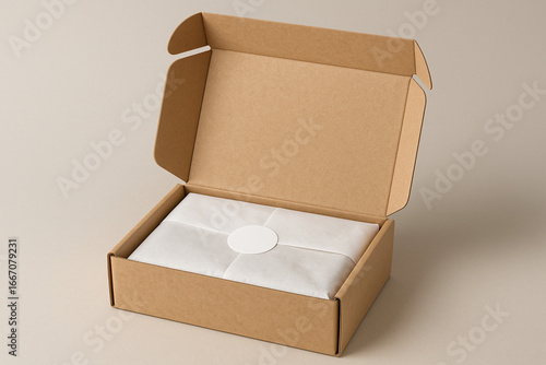 Open cardboard shipping box with a product wrapped in tissue paper and a blank sticker