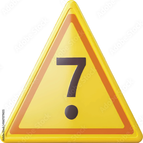 Yellow Warning Triangle with Dark Number Seven Symbol on White Background caution danger
