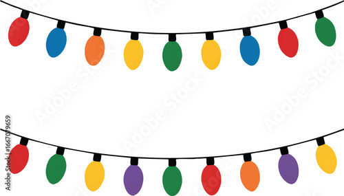 A digital illustration of two curved Christmas light strings against a pure white background
