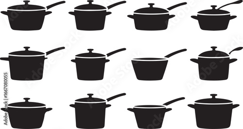 Black Vector Silhouette of a Cooking Pot with Lid on White Background