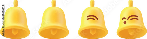 Four Yellow Bells with Different Facial Expressions on White Background golden metal
