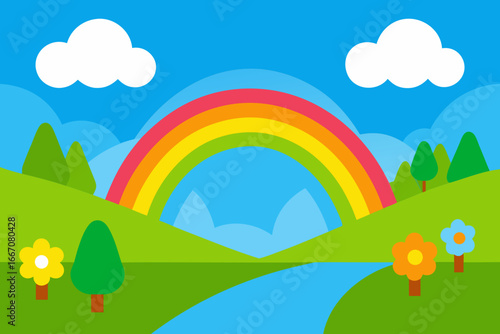 Vibrant cartoon landscape with a rainbow rolling hills trees flowers and a winding river