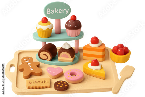 Colorful wooden pastry toys on transparent background