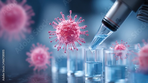 Wallpaper Mural A researcher uses a pipette to transfer liquid while analyzing intricate virus particles under a microscope in a laboratory environment. Torontodigital.ca