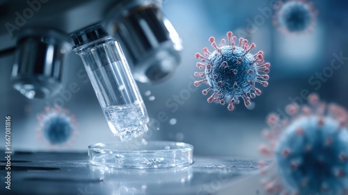 Wallpaper Mural A research scientist analyzes a vial of vaccine solution under a microscope while 3D virus models float in the background. This occurs in a high-tech laboratory environment. Torontodigital.ca