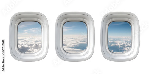 Three airplane windows with sky view on transparent png background