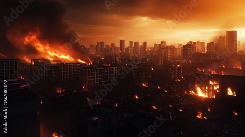 city skyline engulfed in flames during a dramatic sunset. Smoke billows from burning buildings, creating a stark contrast against the orange sky