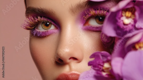A model displays stunning makeup featuring rich shades of purple, complemented by blooming flowers, set against a soft pink background in a professional studio.