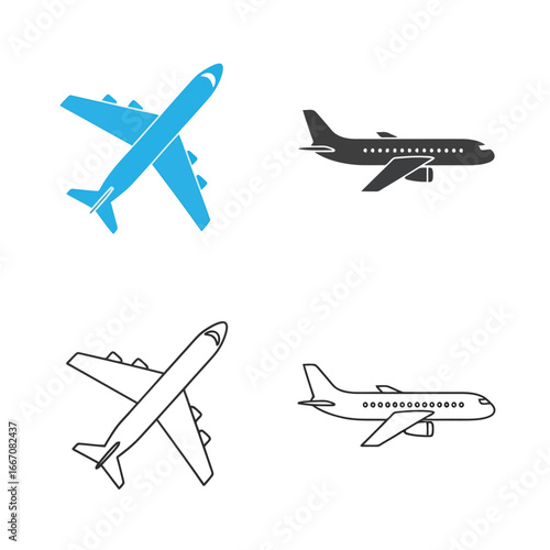 Set of airplane icons in different styles isolated on white background