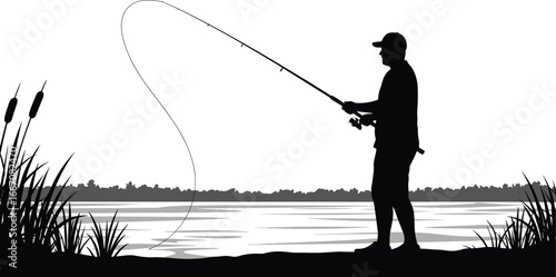Man fishing silhouette vector, lake shore casting scene, black and white fisherman artwork, outdoor nature landscape illustration for fishing or sport themes