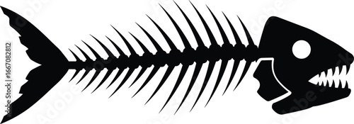 Black fish skeleton silhouette vector, scary fishbone illustration, marine animal skull design, aquatic horror art, isolated sea skeleton on white background