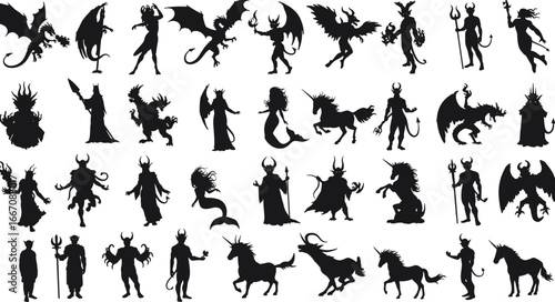 Fantasy silhouettes collection, including dragons, demons, unicorns, mermaids, evil creatures, mythical characters, magical monsters, perfect vector set for fantasy artwork
