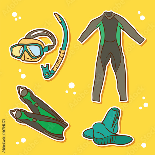Scuba diving equipment mask snorkel wetsuit flippers and booties stickers set