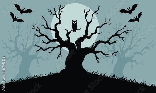 Spooky Silhouette of a Tree with Bats and an Owl Under a Full Moon