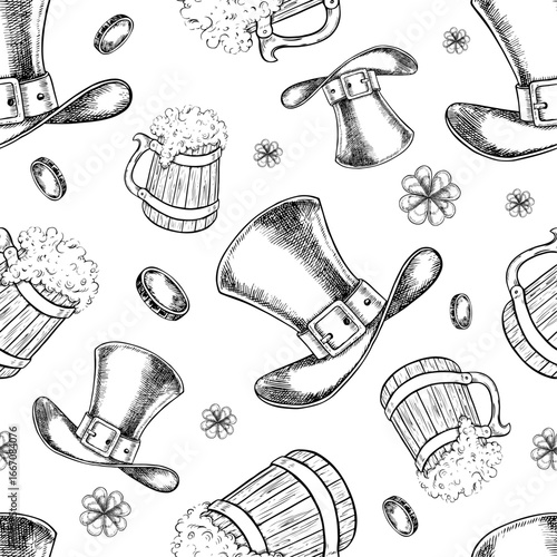 St. Patrick s Day. Seamless pattern with top hats, cylinders, and beer mugs. Hand-drawn black and white vector illustration. For textiles, backgrounds, wrapping paper, and more.