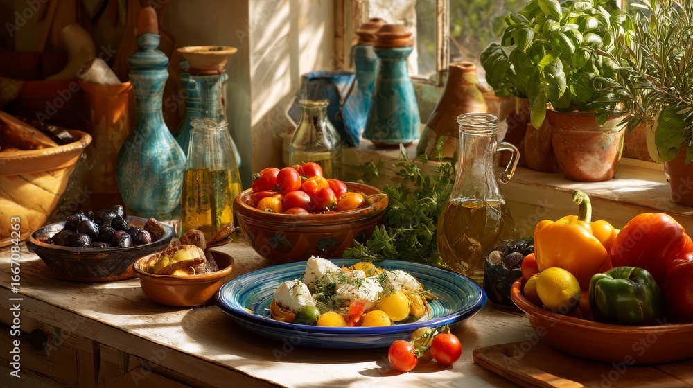 Fototapeta premium Vibrant Mediterranean dishes arranged on a wooden table in a sunlit kitchen, showcasing colorful healthy meals, fresh vegetables, fruits, herbs, olive oil, and traditional cuisine with vitality and we