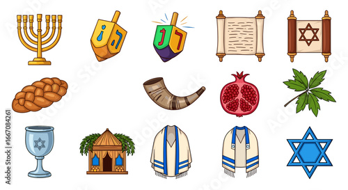 Illustration of jewish symbols including menorah dreidels torah scrolls challah shofar pomegranate and more icons