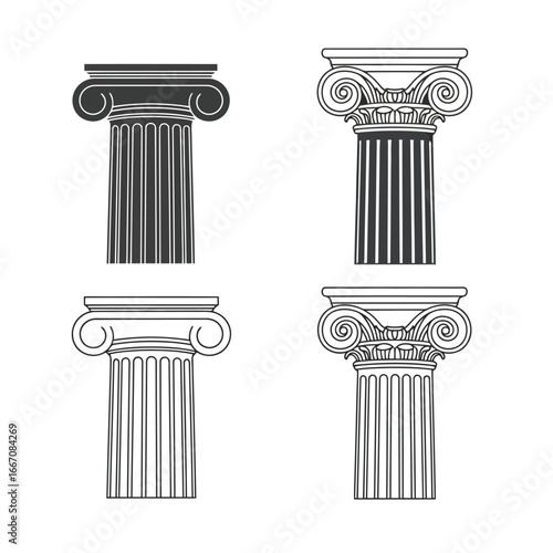 Set of four classical architectural columns, isolated on white background