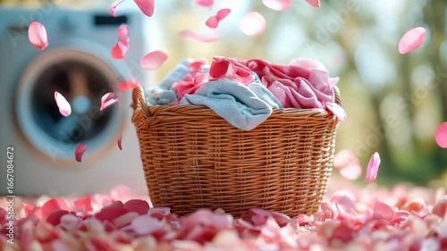 wicker basket filled with folded clothes sits on a bed of rose petals. A washing machine is visible in the background, creating a serene laundry scene.