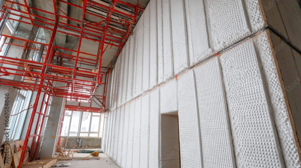 Obraz premium Workers are engaged in constructing a new building, with scaffolding set up to support the installation of insulation on the walls to enhance energy efficiency and comfort.
