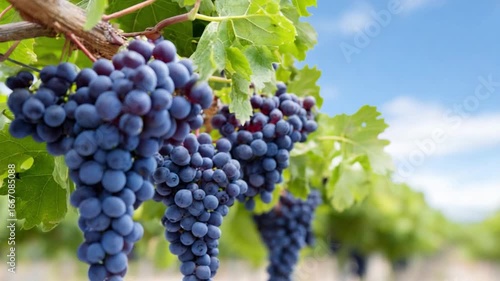 Wallpaper Mural Grape Harvest: A close-up captures plump, ripe grapes hanging on the vine, under a clear blue sky. Reflecting the perfect moment of a bountiful harvest. Torontodigital.ca