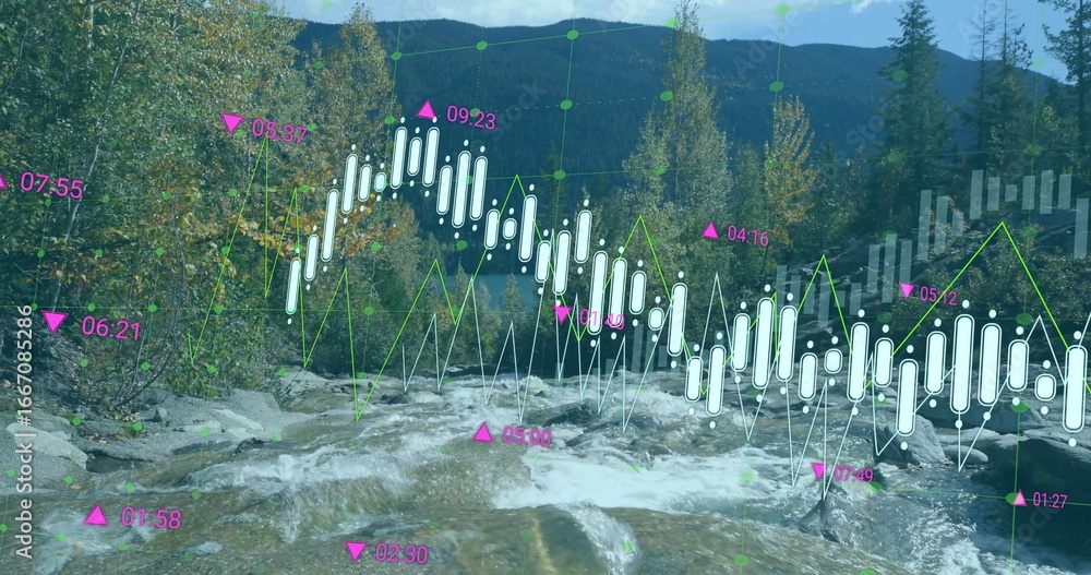 Fototapeta premium Flowing mountain stream rushing over rocky creek through forested hills, with market data overlays
