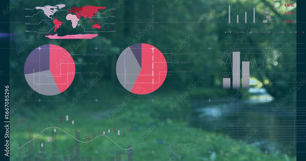 Fototapeta premium Digital data overlay presenting world map pie charts bar and line graphs in lush forest creek