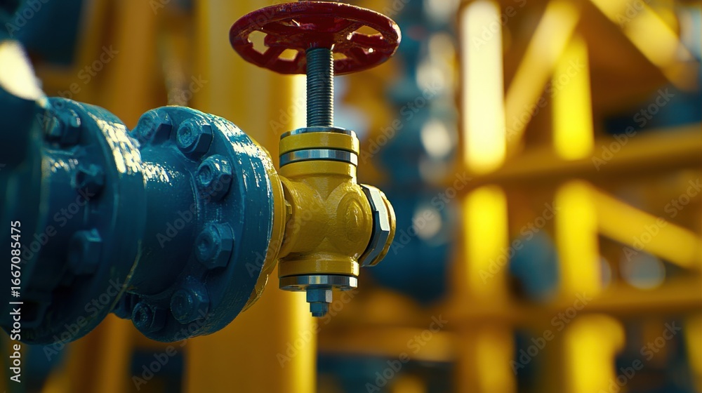 Obraz premium Close-up of a yellow valve on industrial piping in a vibrant facility with machinery in the background