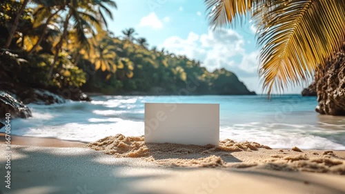 blank white canvas stands on a sandy beach surrounded by palm trees and clear blue water. The scene captures a tropical paradise atmosphere