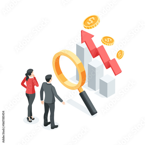 isometric vector business man and woman looking through magnifying glass at chart with arrow and coins, in color on white background, financial analytics or income discussion and planning