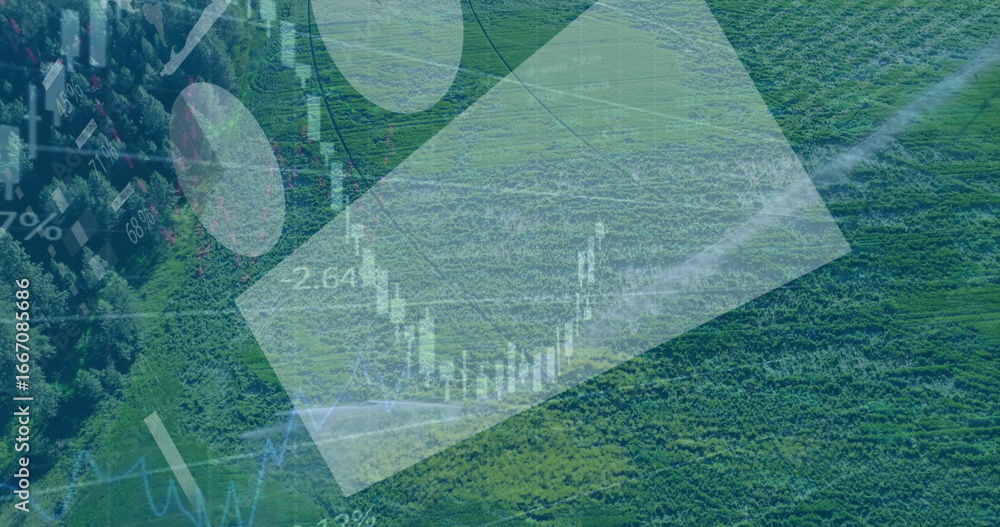 Fototapeta premium Overlaying aerial farmland view with translucent candlestick charts, line graphs, and percentages