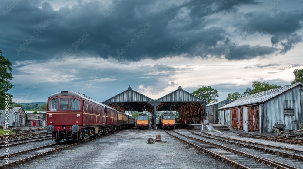 Obraz premium Two vintage locomotives are stationed under a large, rustic shed at a railway station. The sky is filled with dark clouds, hinting at an approaching storm.