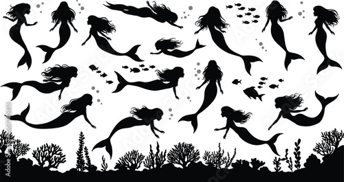 Underwater mermaid silhouette vector collection, swimming and floating in ocean scene, fantasy sea creatures with coral reef, fish, bubbles, and marine elements