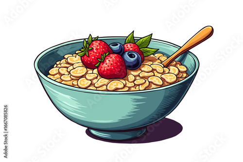 A plate of oatmeal with strawberries and blueberries, healthy breakfast options on a transparent background