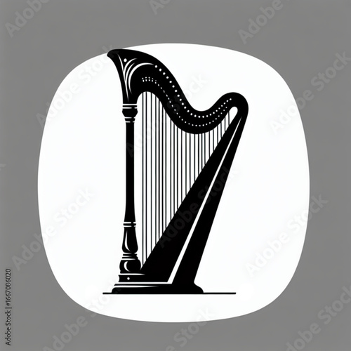 Harp Icon: A minimalist icon featuring a detailed silhouette of a harp, rendered in monochrome against a soft background. Capturing musical essence.